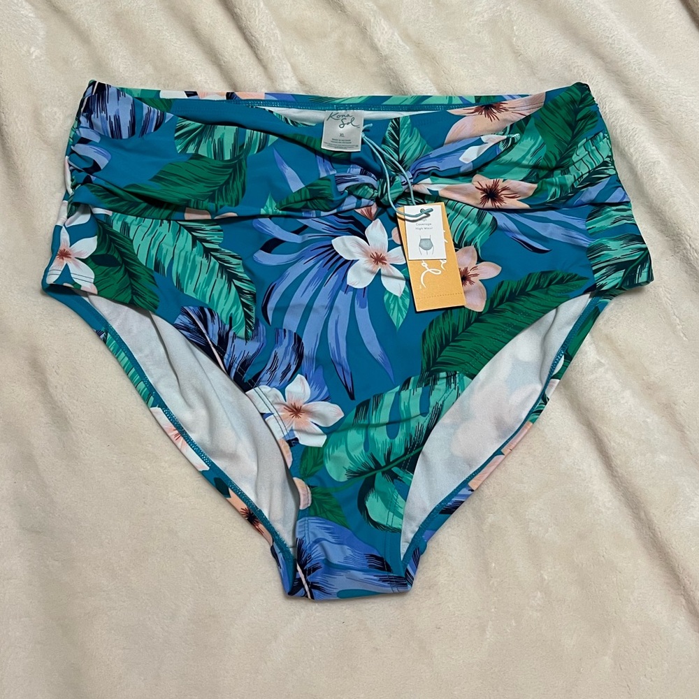 Kona Sol blue floral high waisted bikini/swim bottoms with tie detail size xl